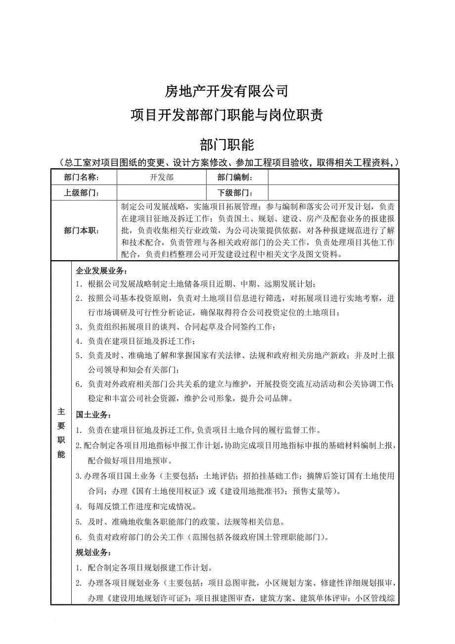 房地产公司项目开发部部门职能与岗位职责[1]范文_第1页