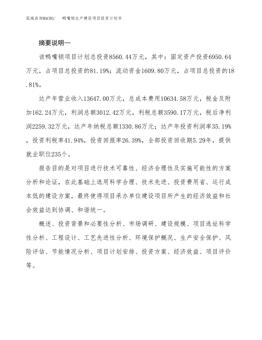 （模板）鸭嘴锁生产建设项目投资计划书_第2页