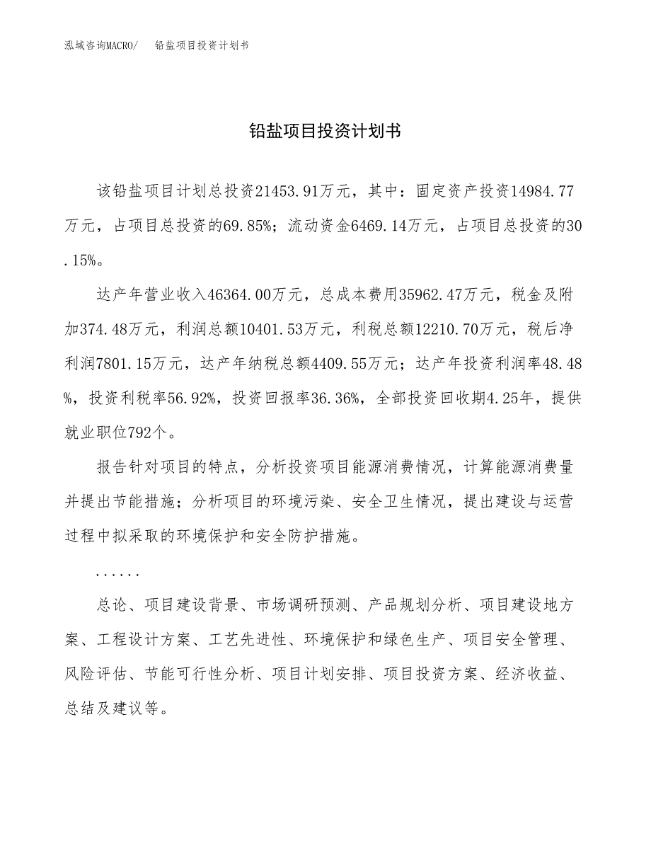 （项目申请模板）铅盐项目投资计划书_第1页