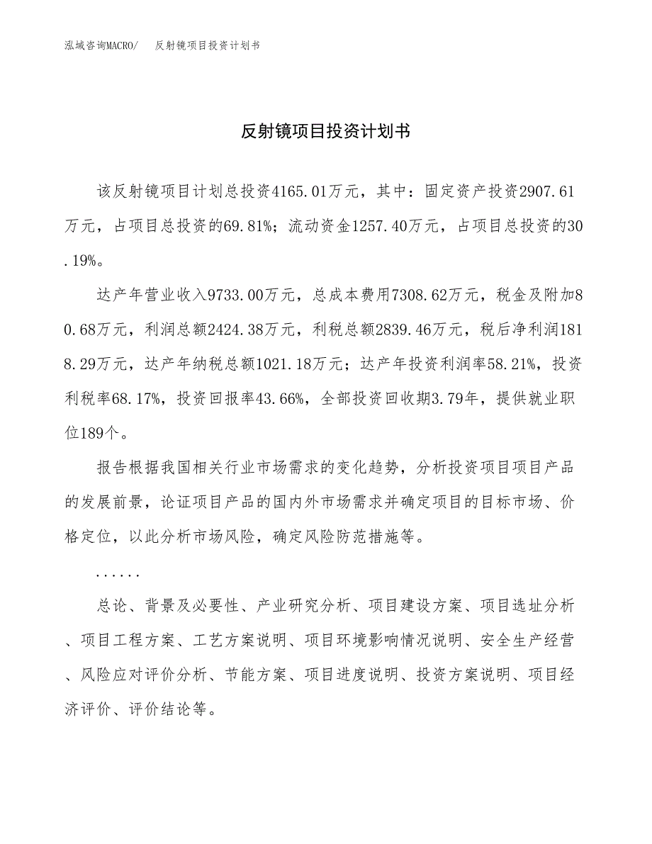 （申请模板）反射镜项目投资计划书_第1页