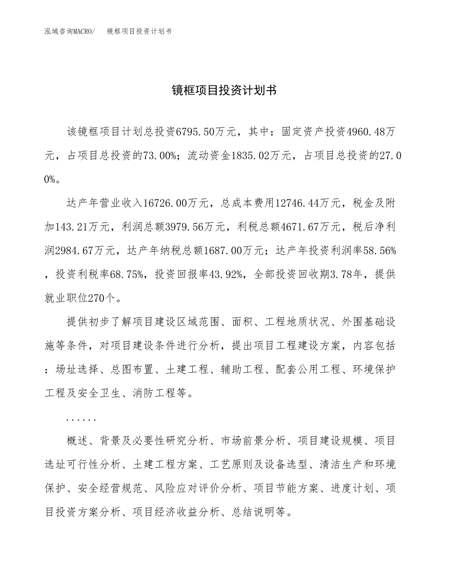 （申请模板）镜框项目投资计划书_第1页