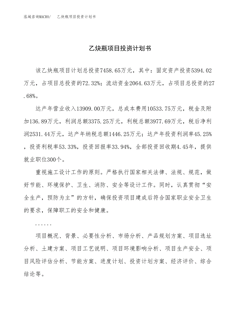 （项目申请模板）乙炔瓶项目投资计划书_第1页