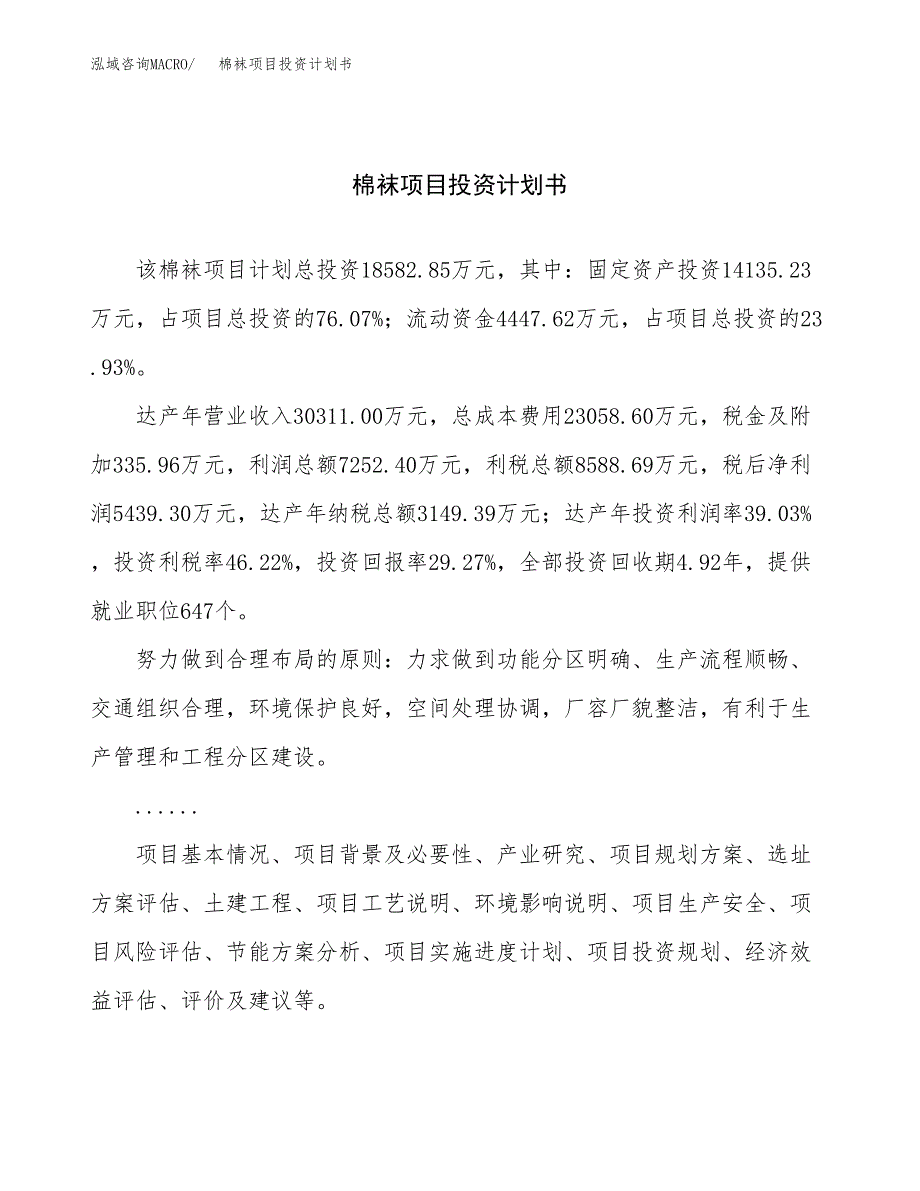 （申请模板）棉袜项目投资计划书_第1页