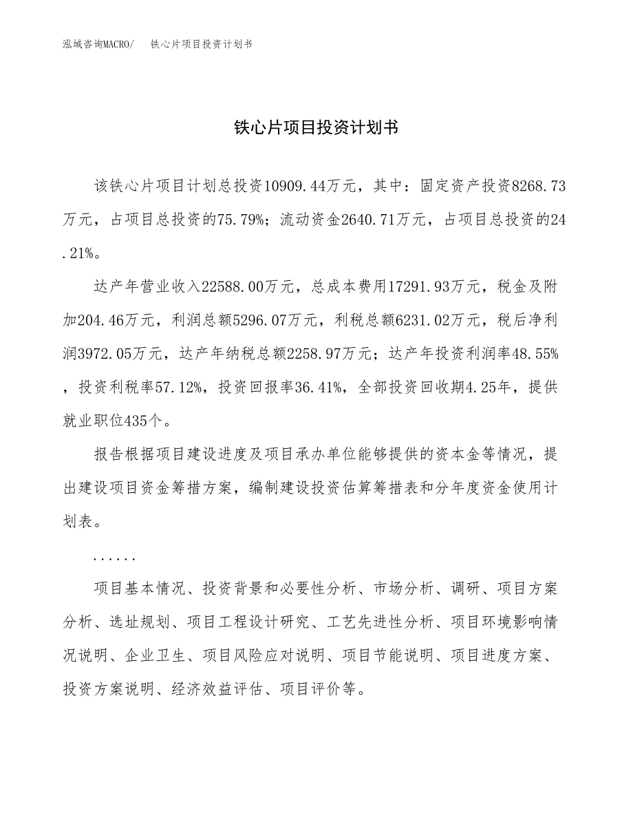 （申请模板）铁心片项目投资计划书_第1页