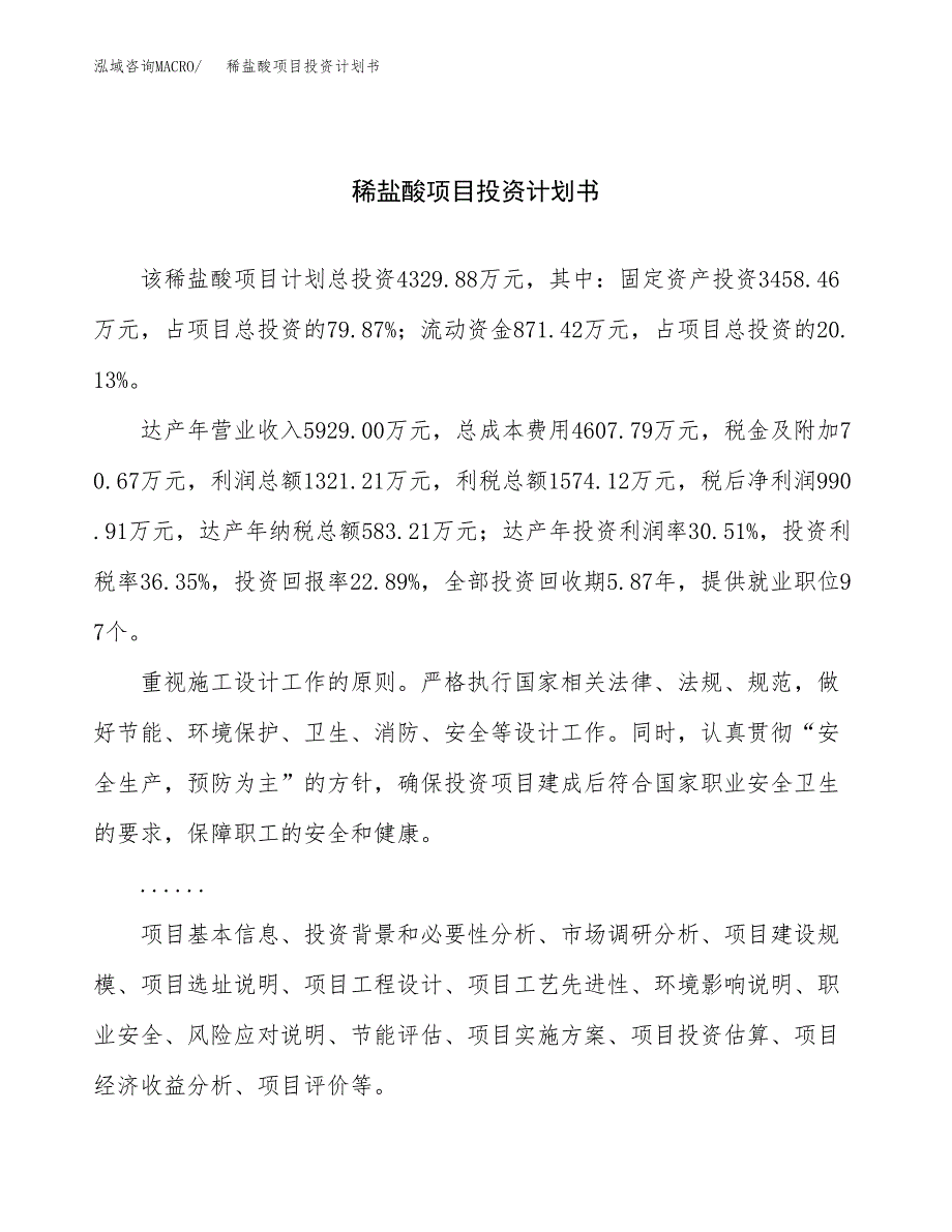 （申请模板）稀盐酸项目投资计划书_第1页