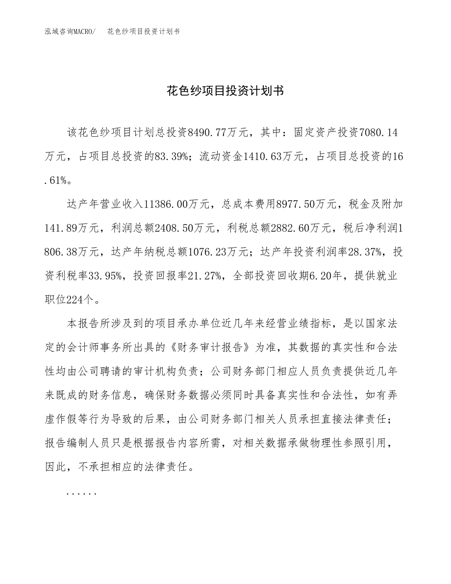 （申请模板）花色纱项目投资计划书_第1页