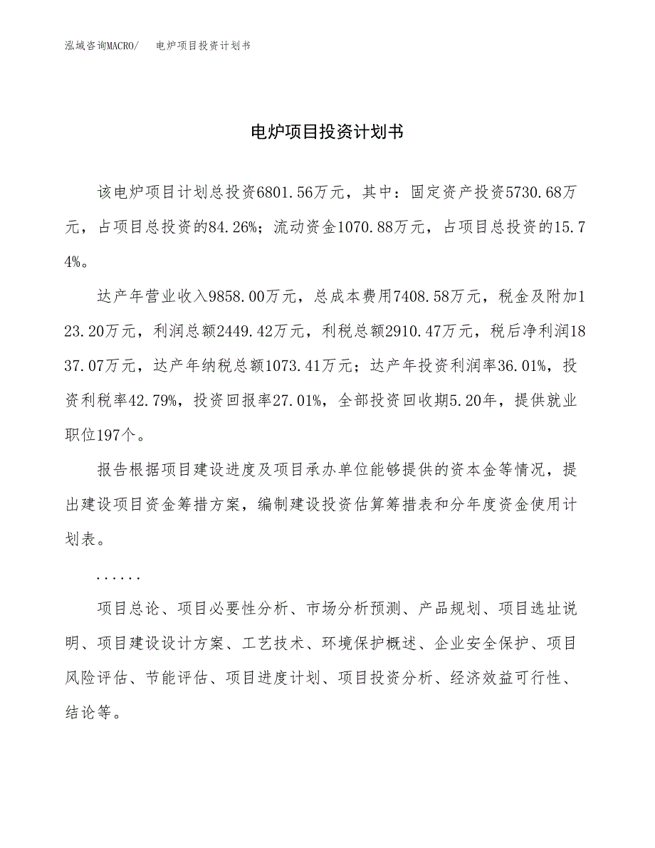 （申请模板）电炉项目投资计划书_第1页