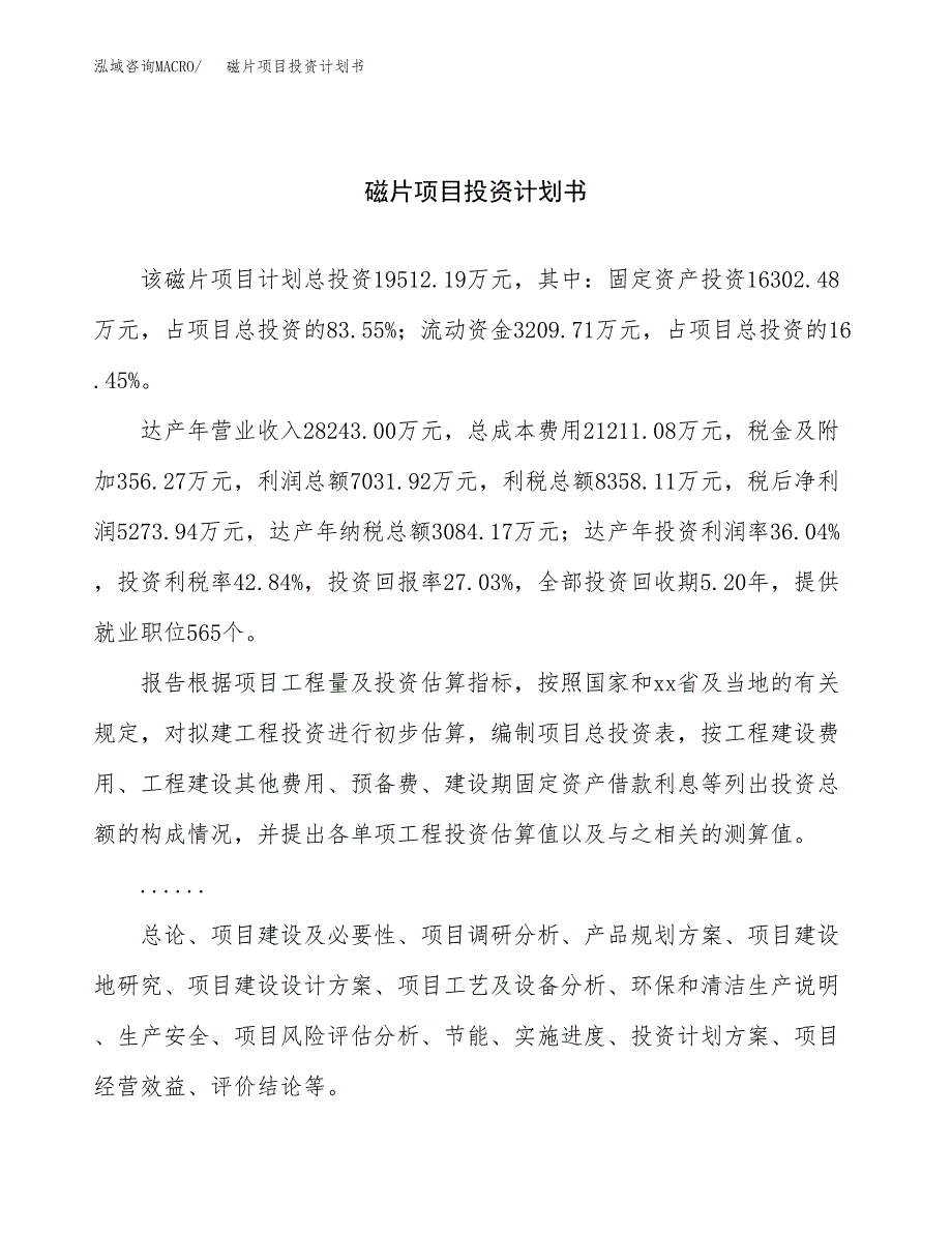 （申请模板）磁片项目投资计划书_第1页