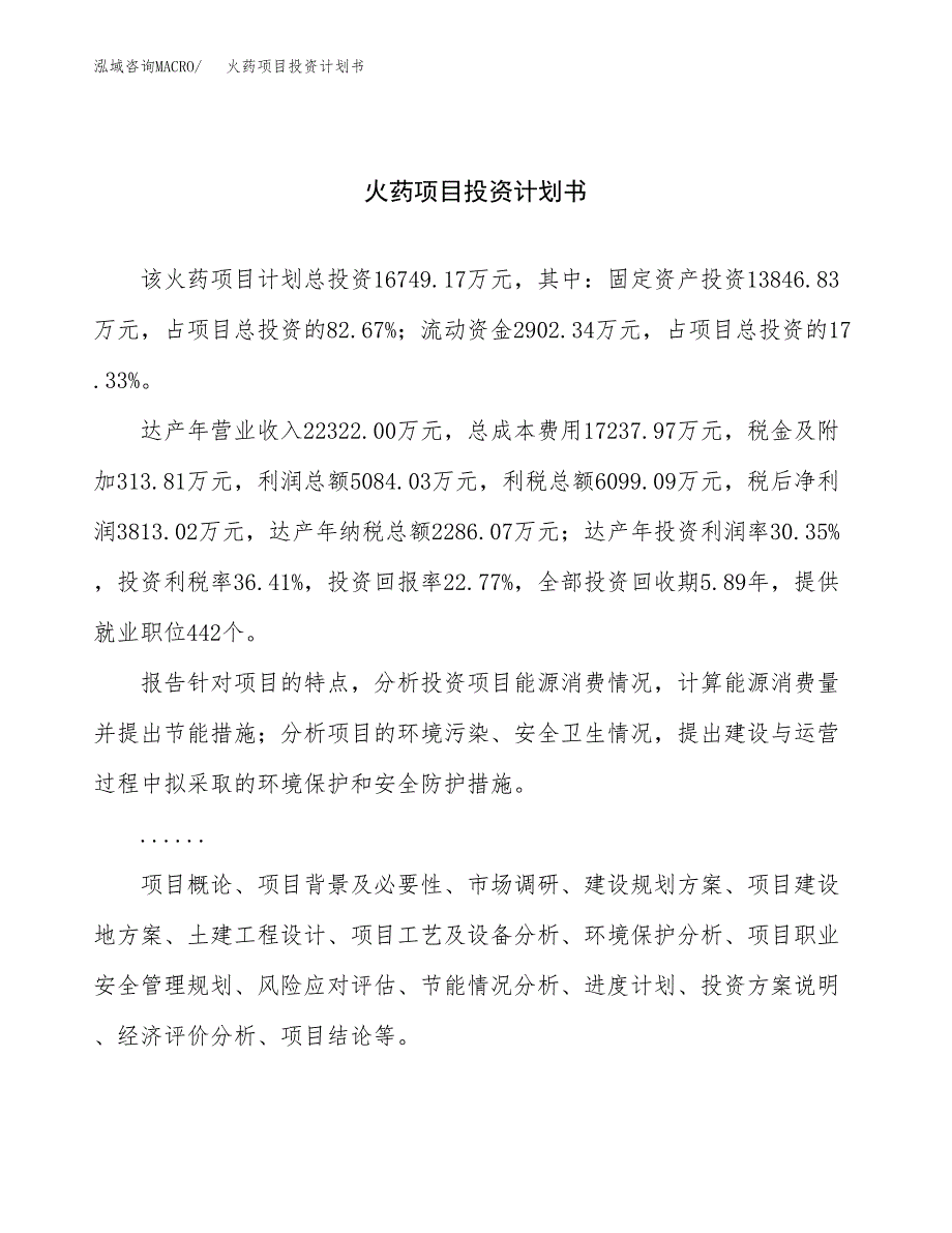 （申请模板）火药项目投资计划书_第1页