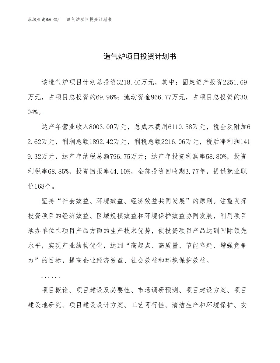 （申请模板）造气炉项目投资计划书_第1页