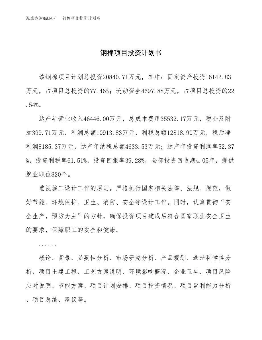 （申请模板）钢棉项目投资计划书_第1页