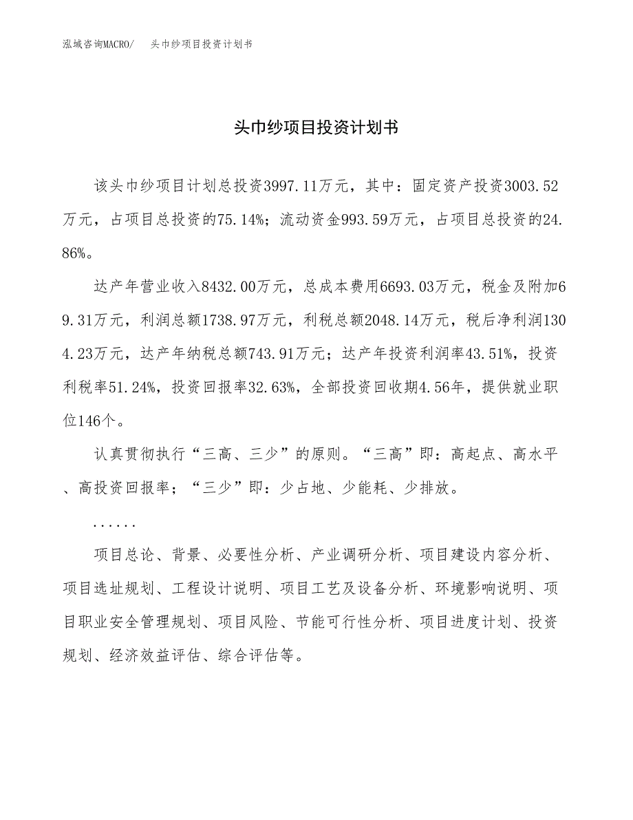 （项目申请模板）头巾纱项目投资计划书_第1页