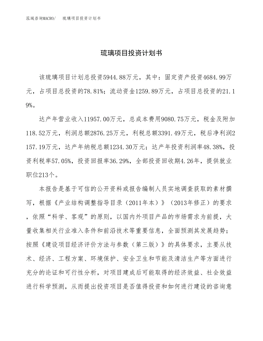 （申请模板）琉璃项目投资计划书_第1页