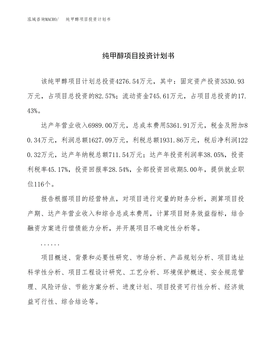 （项目申请模板）纯甲醇项目投资计划书_第1页