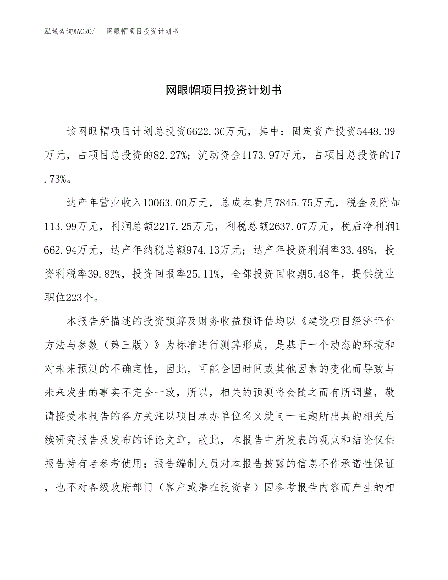 （项目申请模板）网眼帽项目投资计划书_第1页