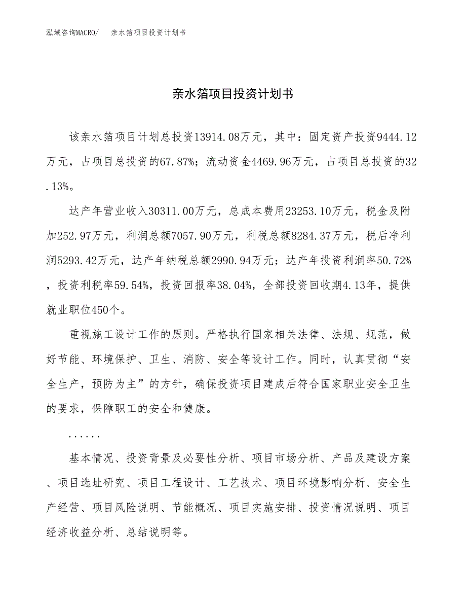 （项目申请模板）亲水箔项目投资计划书_第1页