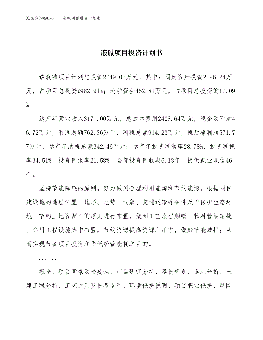 （项目申请模板）液碱项目投资计划书_第1页