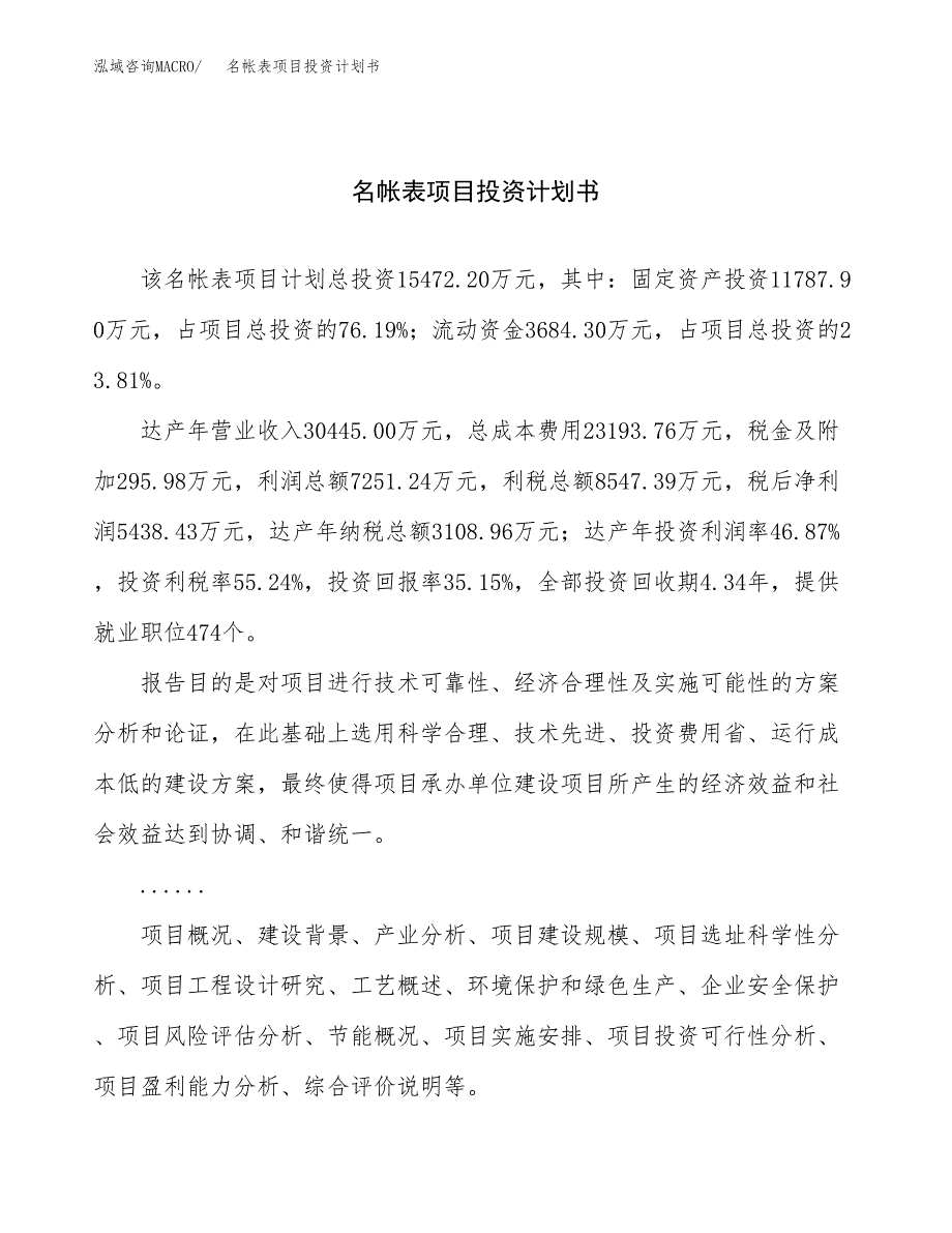 （项目申请模板）名帐表项目投资计划书_第1页