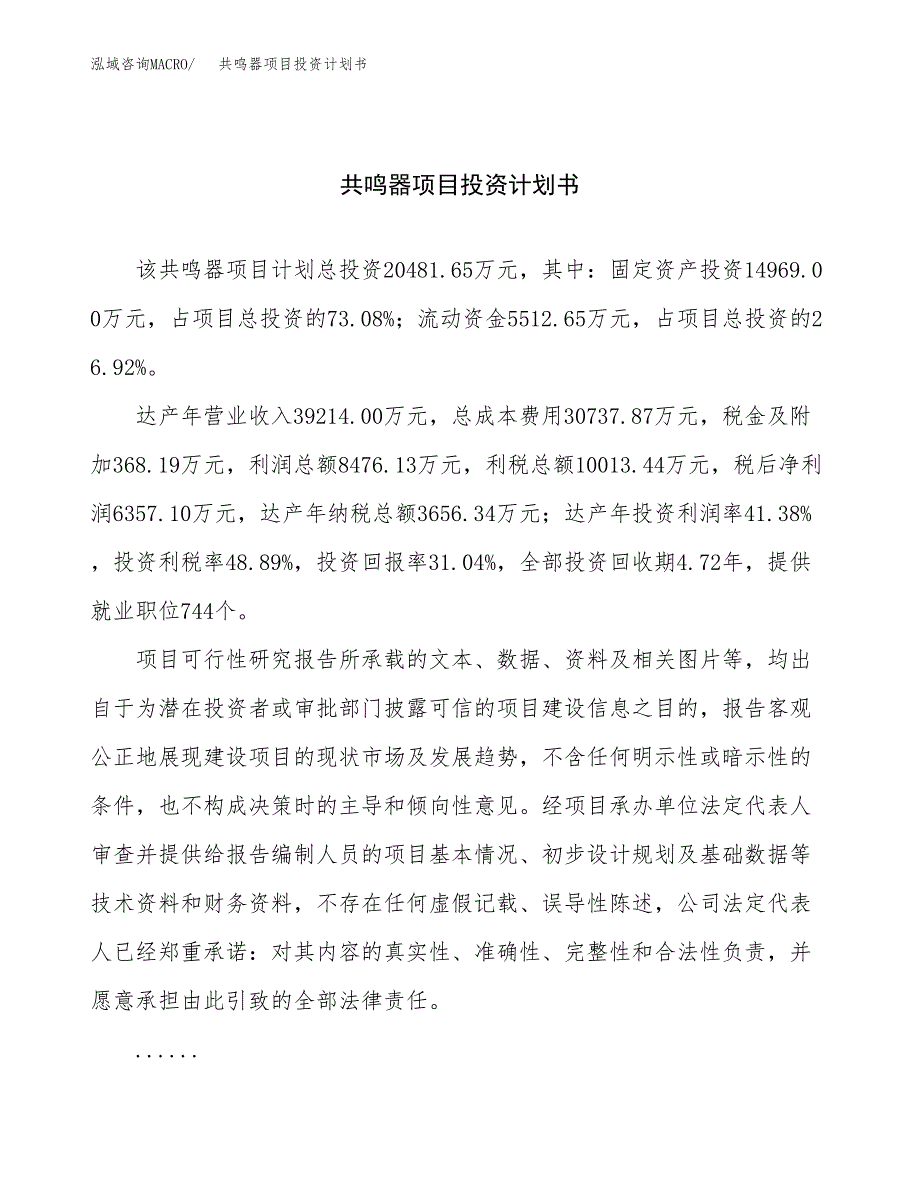 （项目申请模板）共鸣器项目投资计划书_第1页