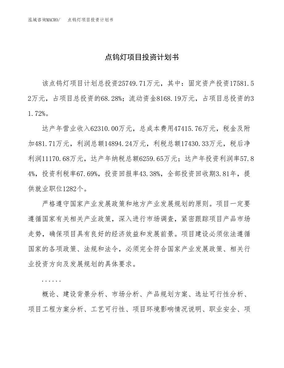 （申请模板）点钨灯项目投资计划书_第1页