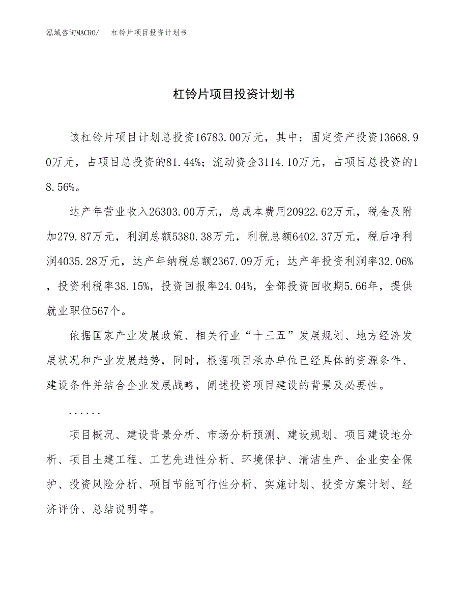 （项目申请模板）杠铃片项目投资计划书_第1页