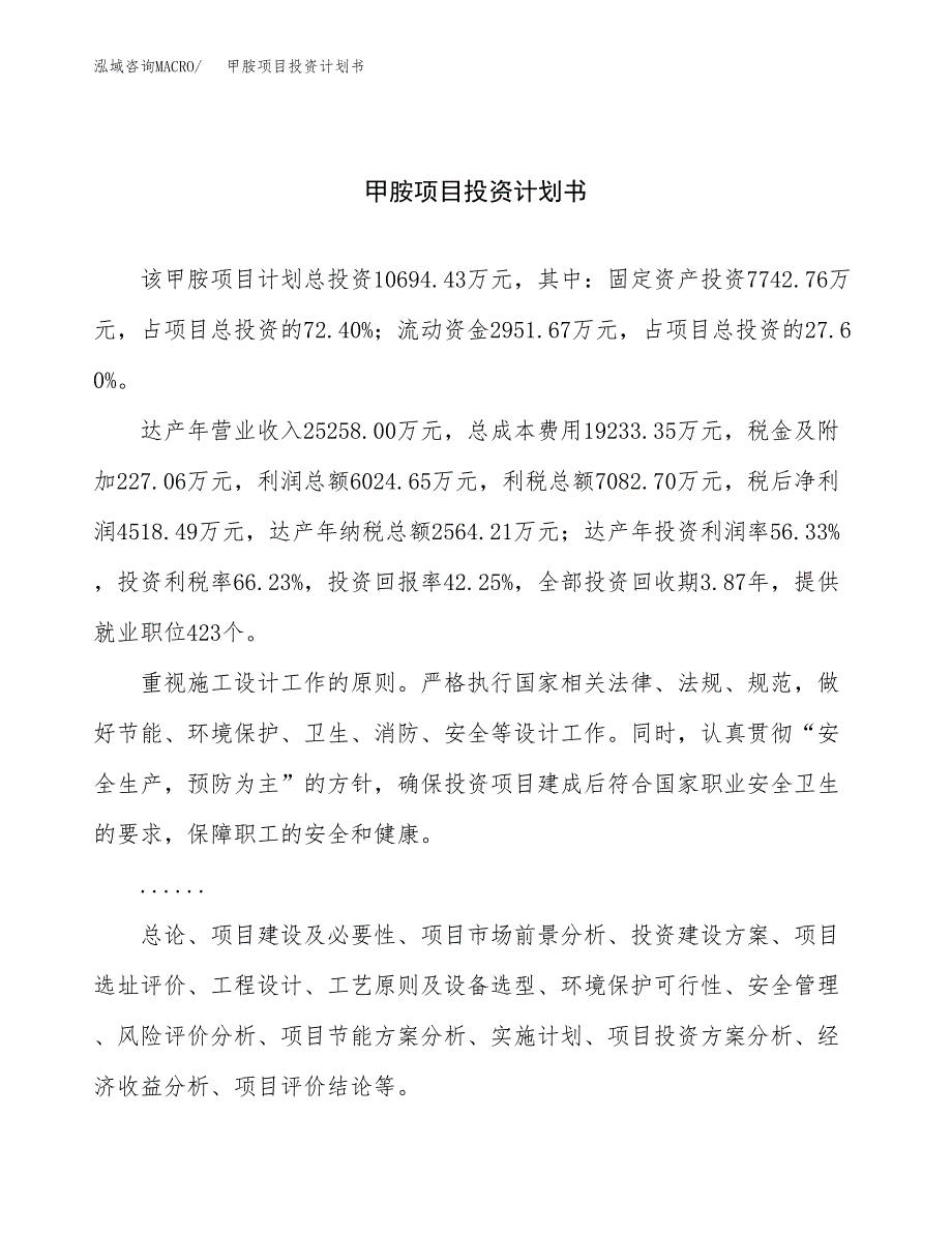 （申请模板）甲胺项目投资计划书_第1页