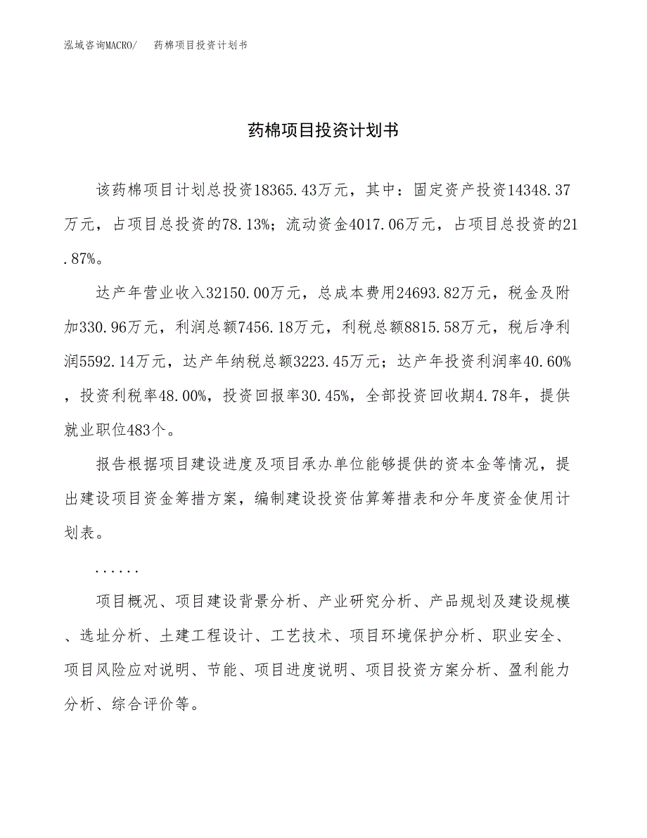 （项目申请模板）药棉项目投资计划书_第1页