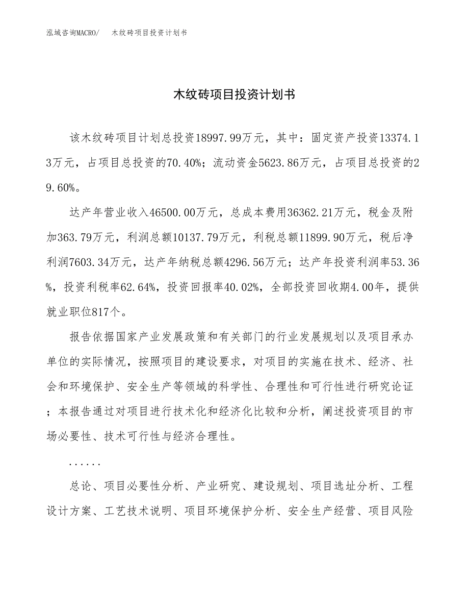 （项目申请模板）木纹砖项目投资计划书_第1页