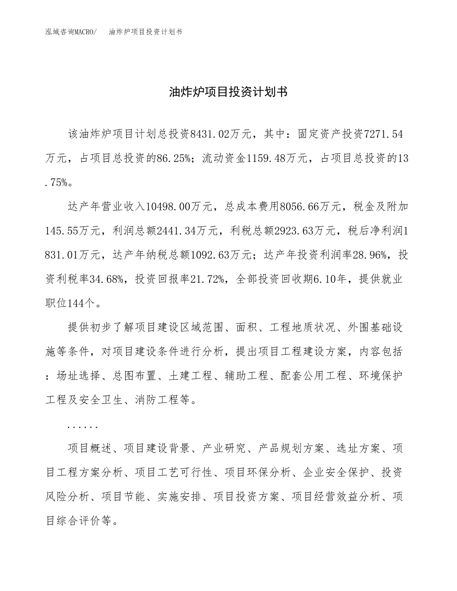 （申请模板）油炸炉项目投资计划书_第1页