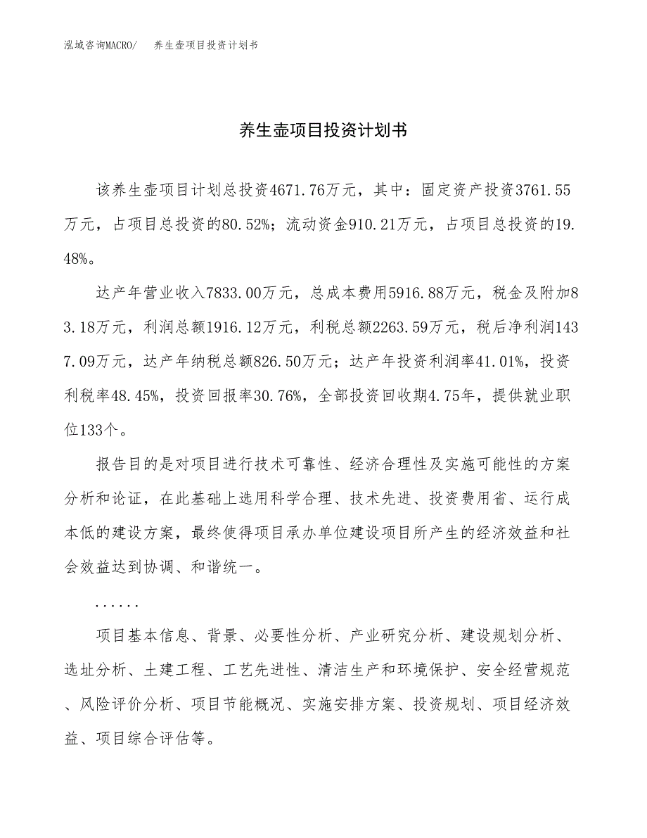 （项目申请模板）养生壶项目投资计划书_第1页