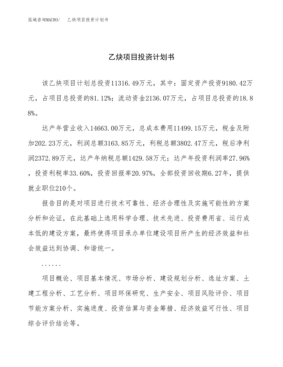 （项目申请模板）乙炔项目投资计划书_第1页