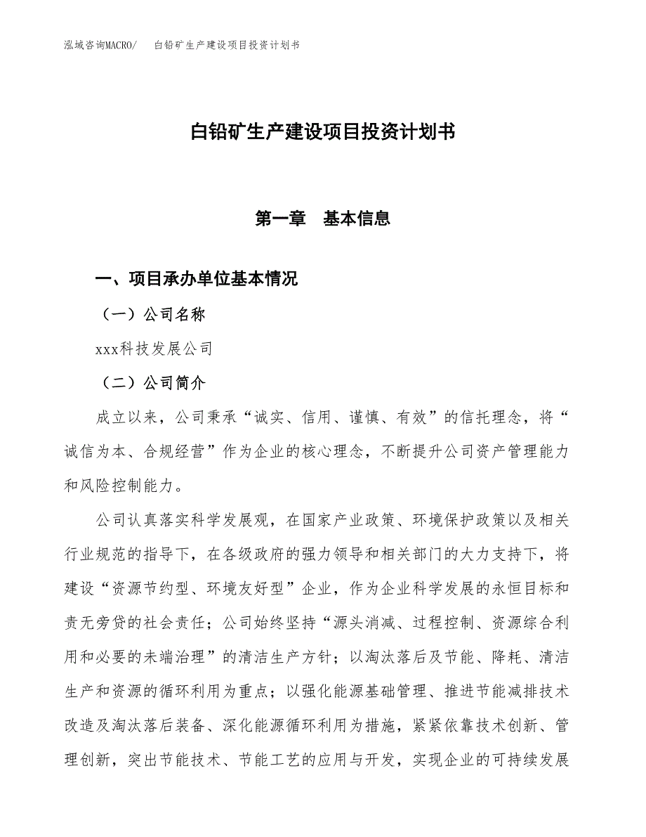 （参考版）白铅矿生产建设项目投资计划书_第1页