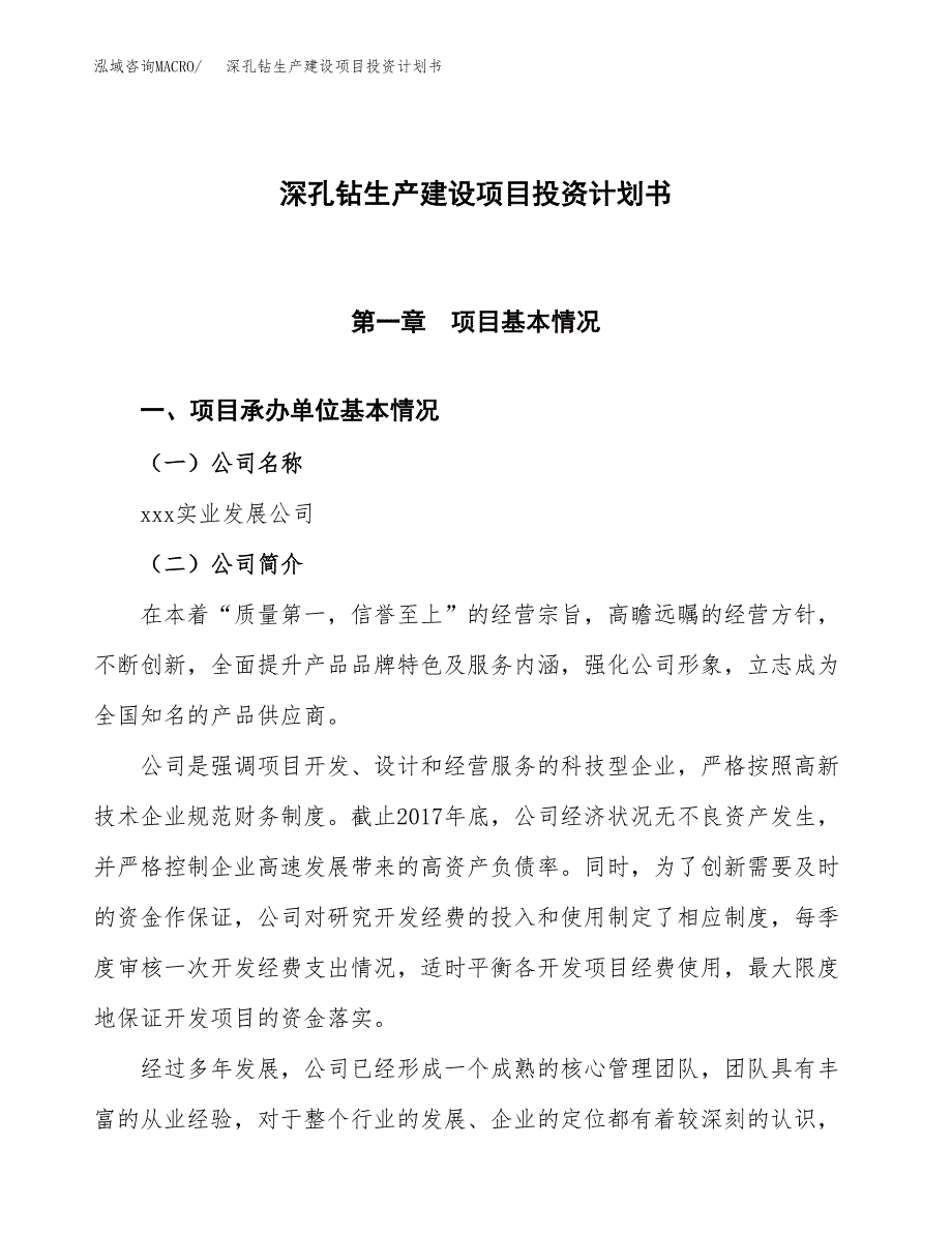 （参考版）深孔钻生产建设项目投资计划书_第1页