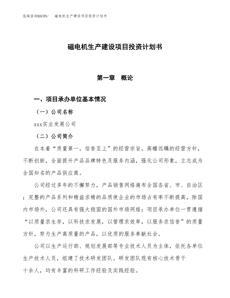 （参考版）磁电机生产建设项目投资计划书_第1页