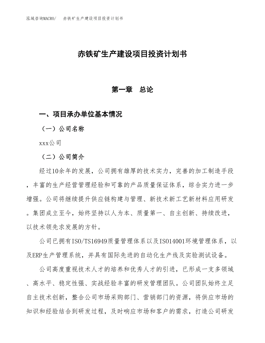 （参考版）赤铁矿生产建设项目投资计划书_第1页