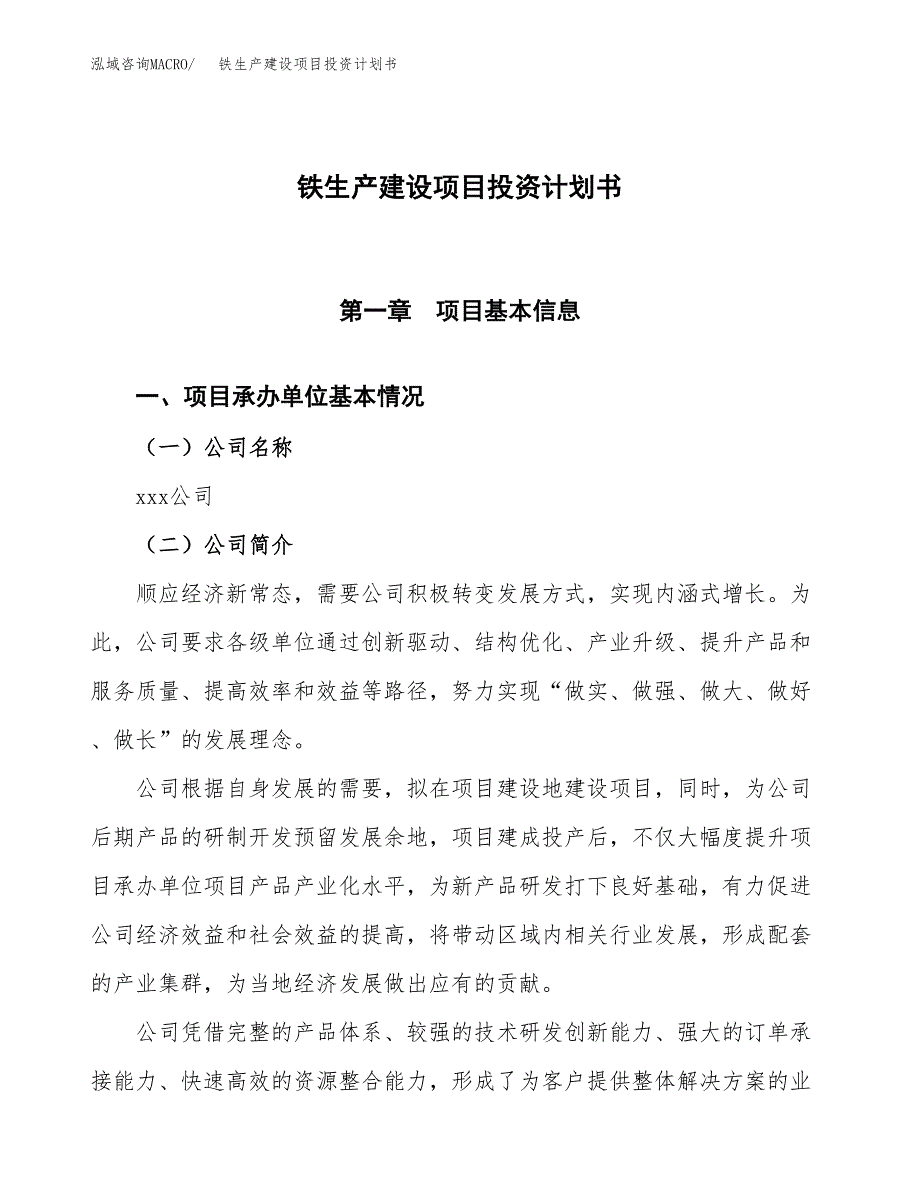 （参考版）铁生产建设项目投资计划书_第1页