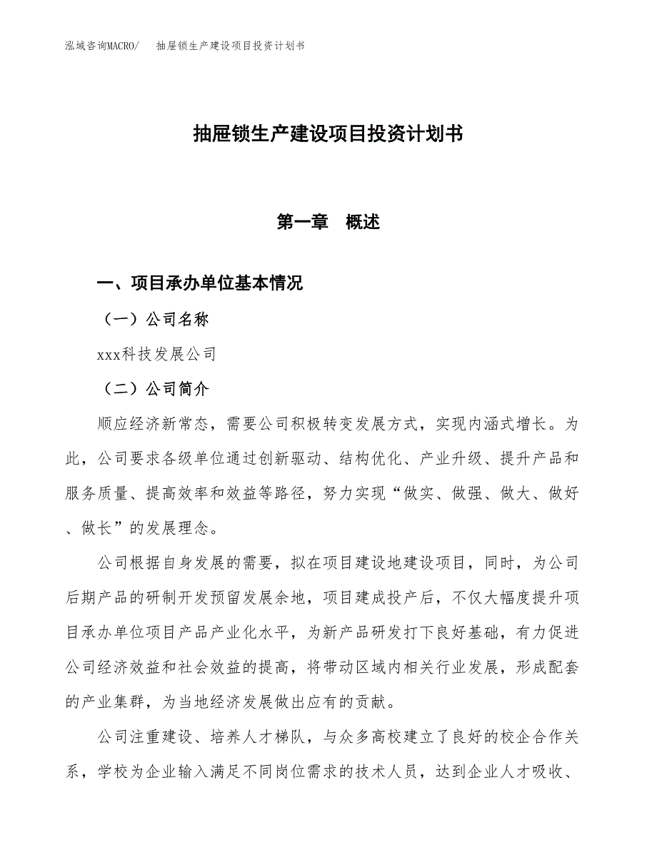 （参考版）抽屉锁生产建设项目投资计划书_第1页