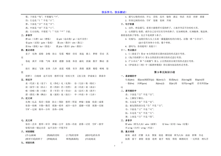 2019【苏教版】小学三年级语文下册期末复习资料【各单元知识点、考点汇总】_第2页