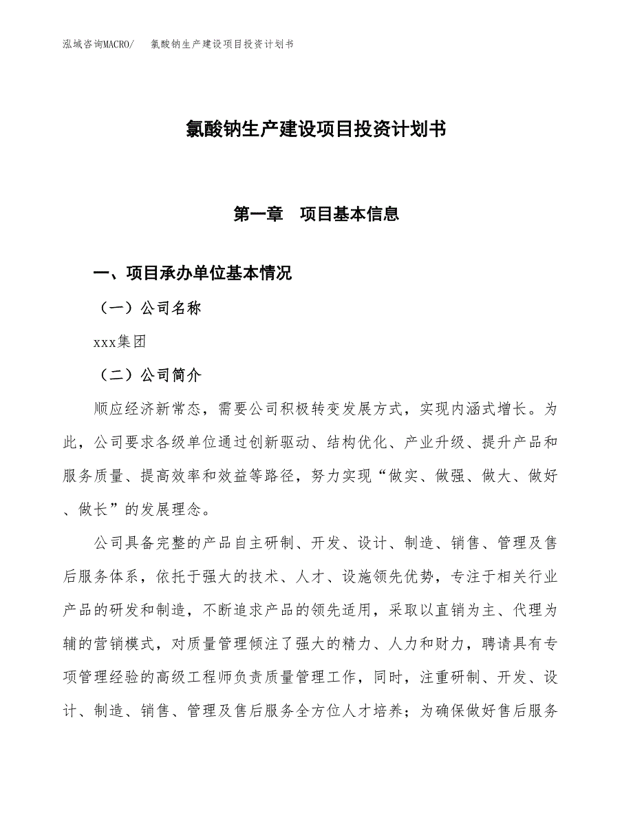 （参考版）氯酸钠生产建设项目投资计划书_第1页