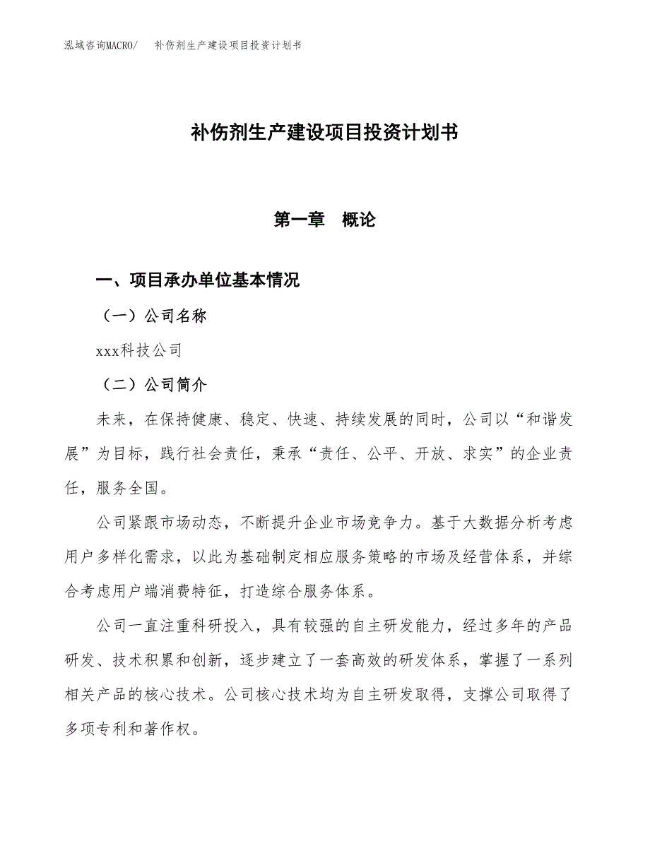 （参考版）补伤剂生产建设项目投资计划书_第1页