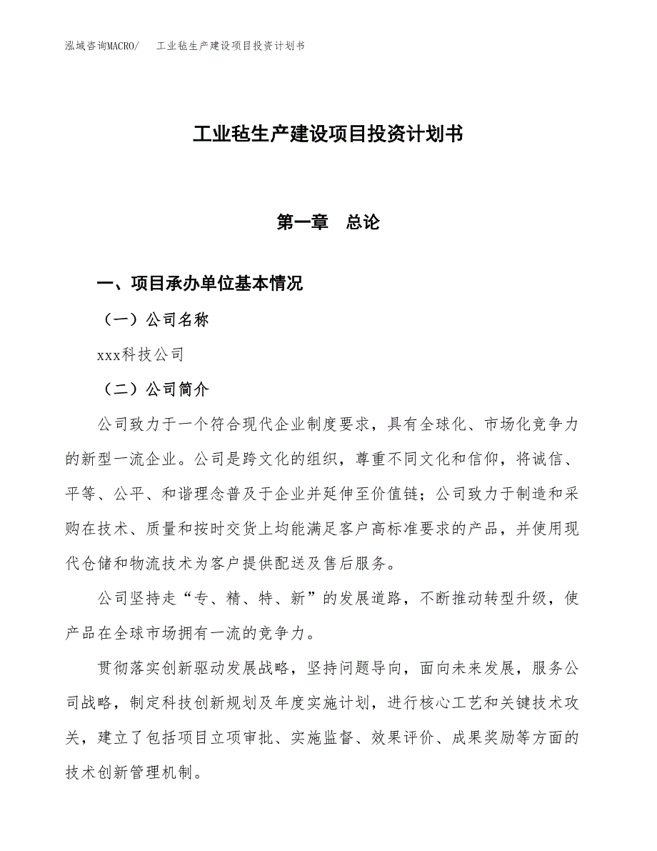 （参考版）工业毡生产建设项目投资计划书_第1页