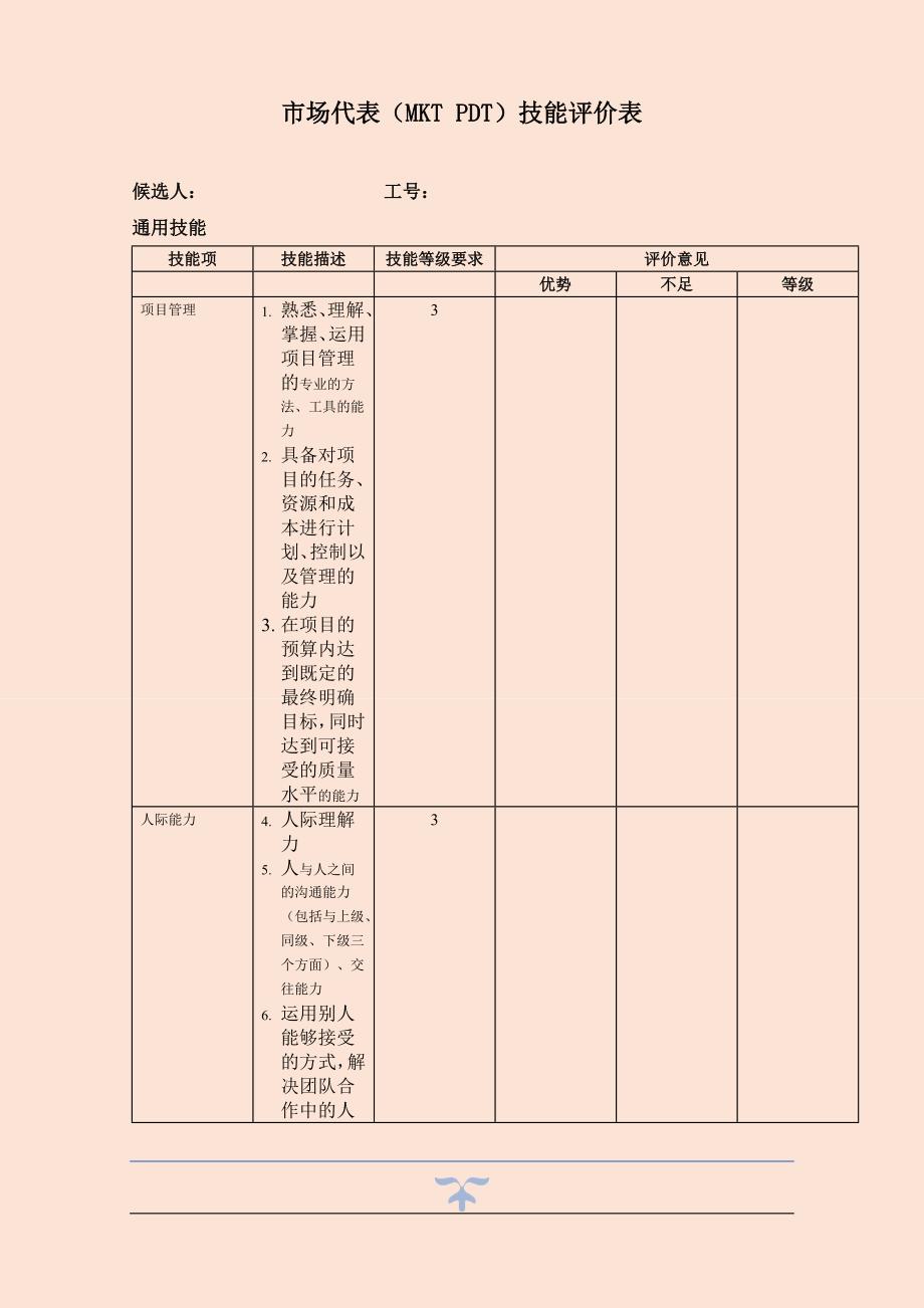 深圳某集团市场代表技能评价表_第1页
