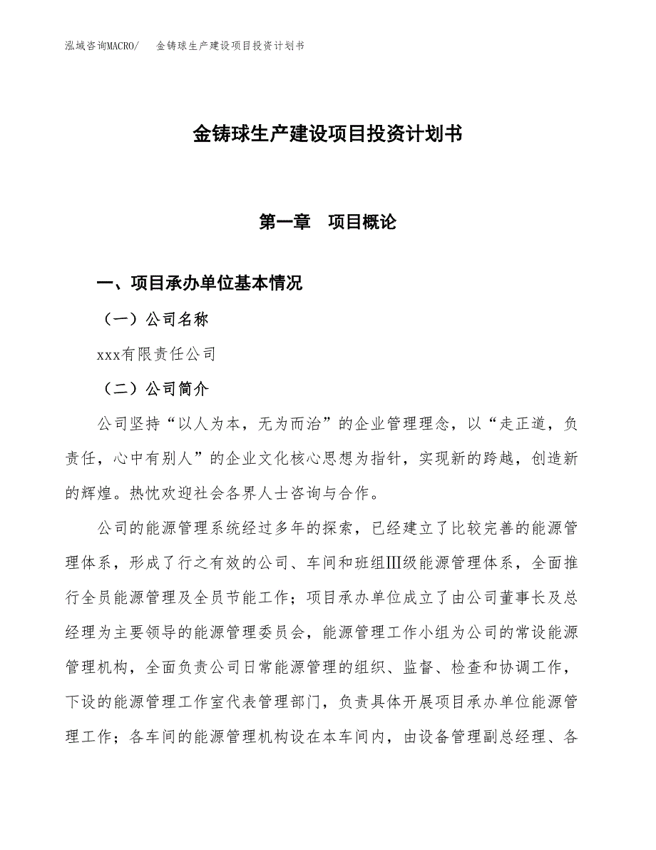 （参考版）金铸球生产建设项目投资计划书_第1页