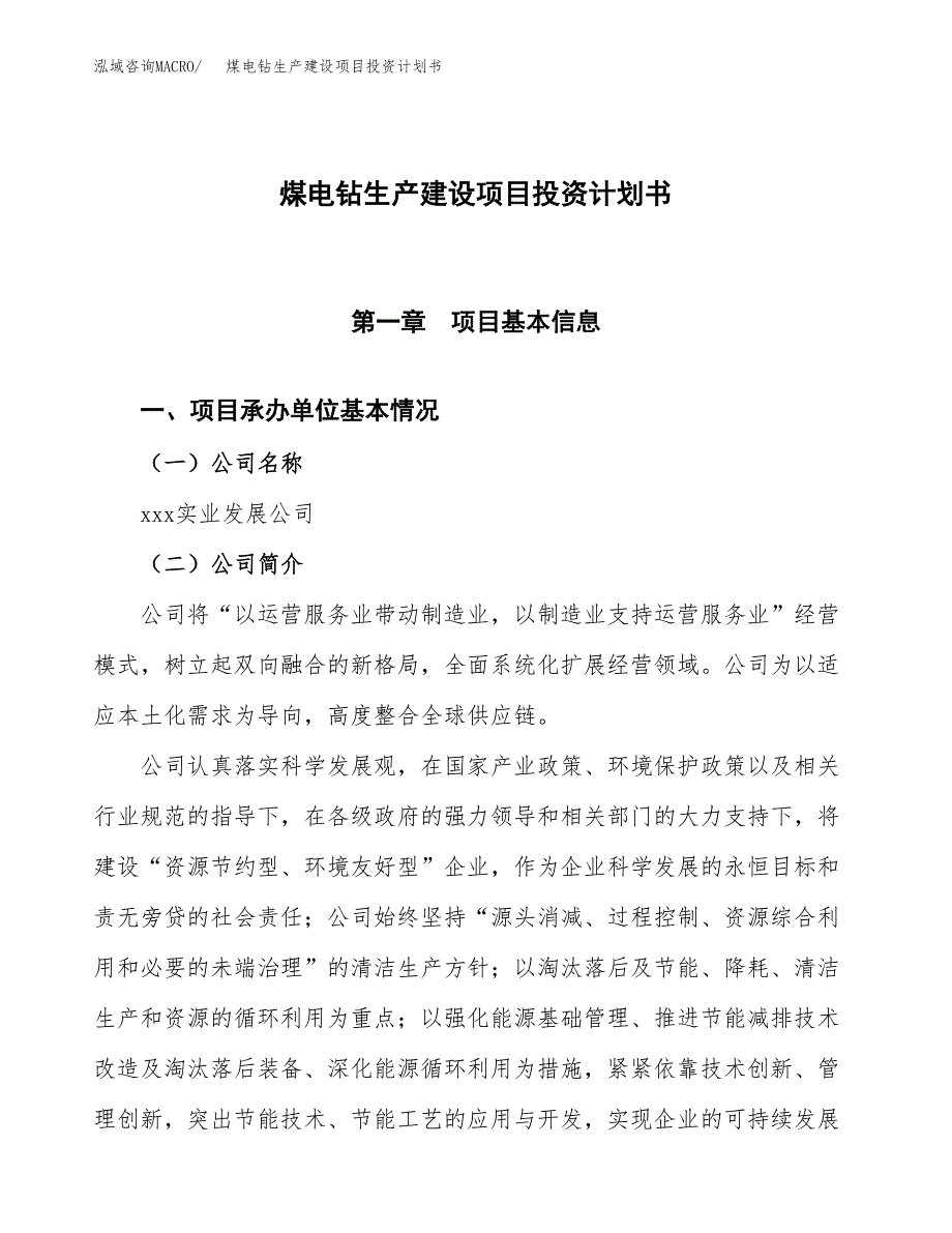 （参考版）煤电钻生产建设项目投资计划书_第1页