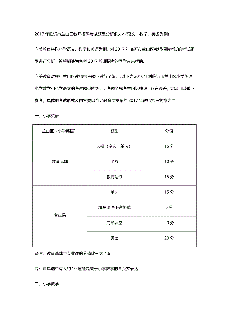 2017年临沂市兰山区教师招聘考试题型分析(以小学语文、数学、英语为例)_第1页