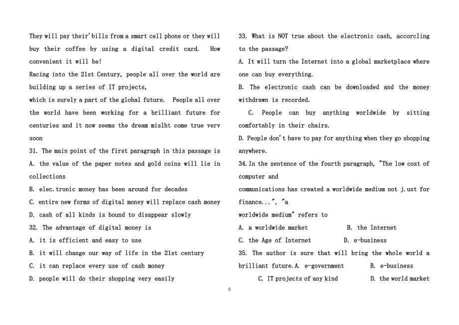 《英语Ⅱ(2)(本科必修)》2010年1月期末试题及答案_第5页
