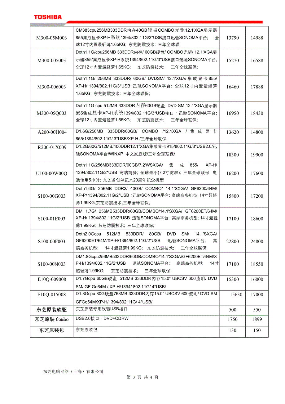 东芝笔记本推荐产品报价单(06年01月份)_第3页