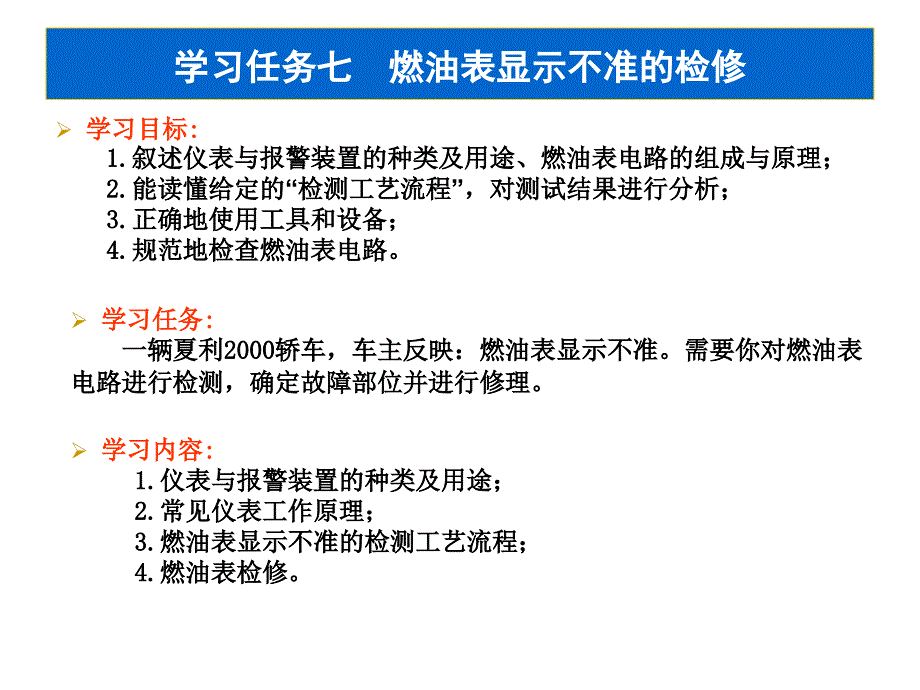 现代汽车电子电器设备教学课件作者王成安主编7学习任务七燃油表显示不准的检修课件幻灯片_第1页