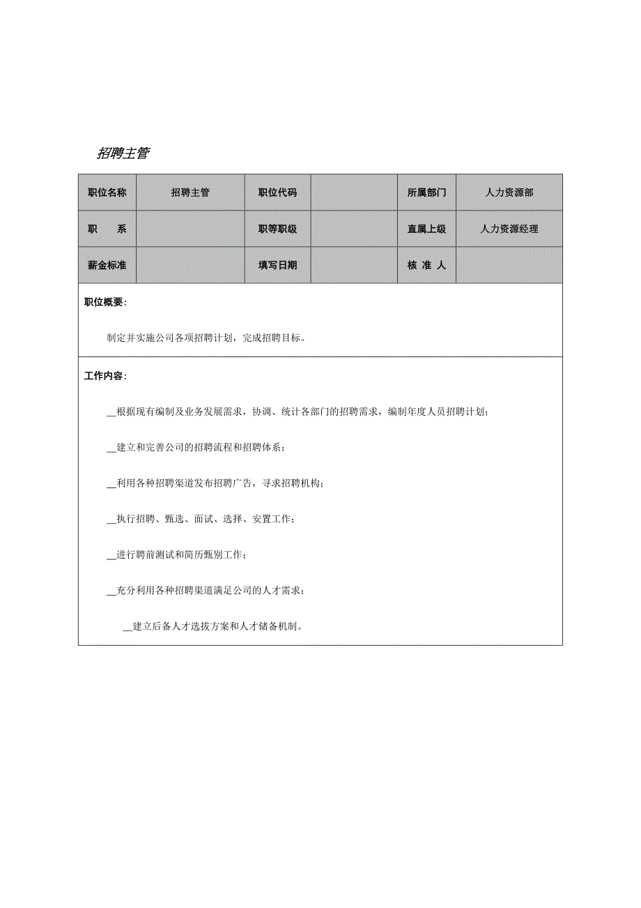 招聘主管岗位职务说明_第1页