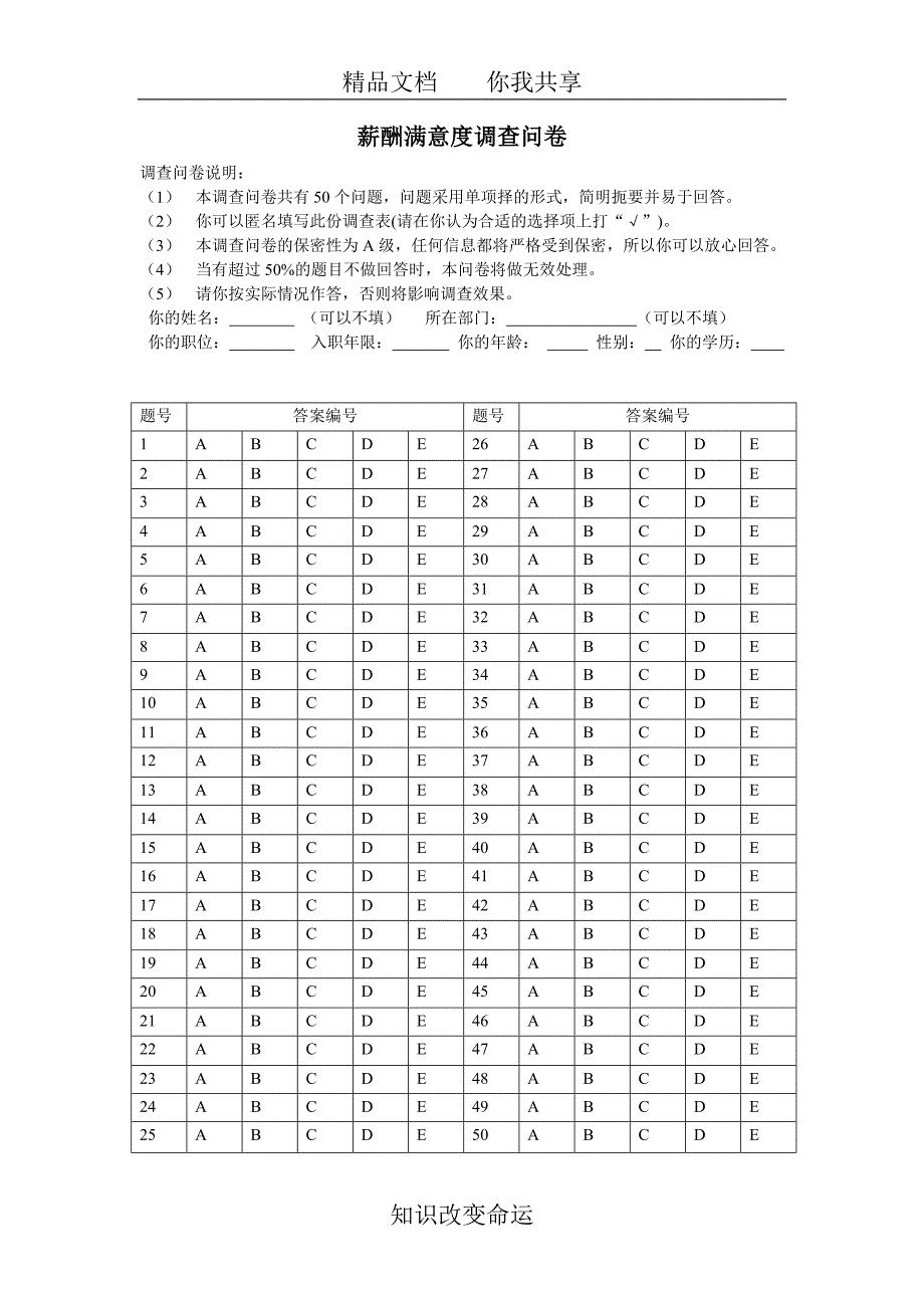 薪酬满意度调查问卷43881_第1页